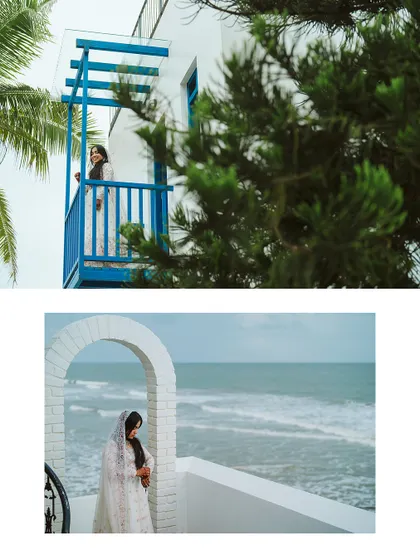 A bride's quiet contemplation by the sea. These portraits of Aysha were taken at a stunning seaside venue, using the architecture and the ocean to create a serene and beautiful narrative for her wedding story.