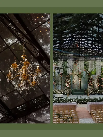 A collage showing the elegant chandeliers and the stage with its delicate thread chandeliers, which added a layer of sophistication and light to the glass-roofed venue.