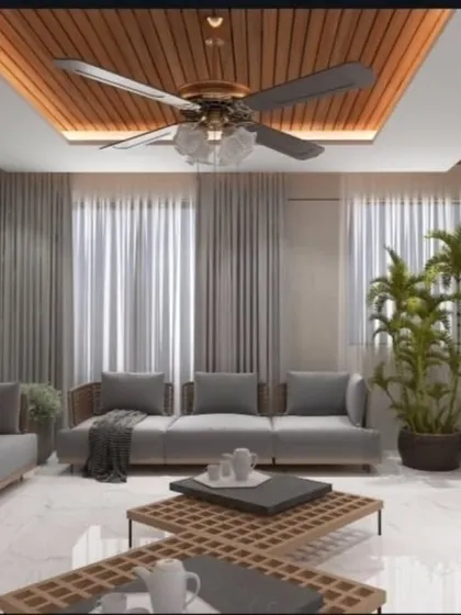 An alternate interior view of the Janakpuri outdoor room. This render shows the wooden ceiling detail, sheer curtains for privacy, and a seamless connection to the terrace.