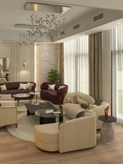 Another angle of the Dubai living area, highlighting the stunning chandeliers and layered sheer curtains that amplify the sense of space and light.