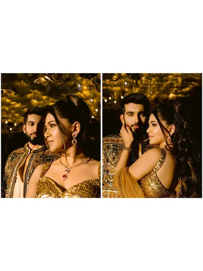 A sun-kissed, magazine-style portrait of a couple in glamorous golden outfits, exuding style and grace.