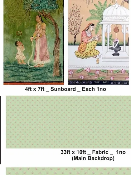 The design process for a traditional half-saree function stage. We start with concept art and 3D models to plan the layout, colors, and intricate details before our team begins production.