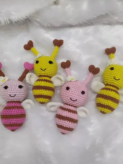 These busy bees have taken a break to play! This custom order features bees in both pink and yellow. Don't worry, they are for cuddling, not stinging!