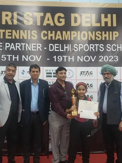 Akanksha Singhal receiving her Gold Medal and trophy at the Delhi State Championship. This victory is a milestone achievement, made possible by her talent and the dedication of our coaching team.
