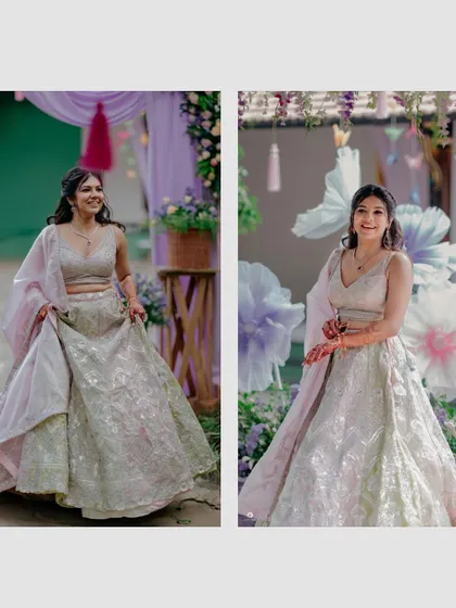 A collage of the beautiful bride at her pastel-themed Mehendi. The dreamy decor and her radiant smile perfectly capture the joy of the occasion.
