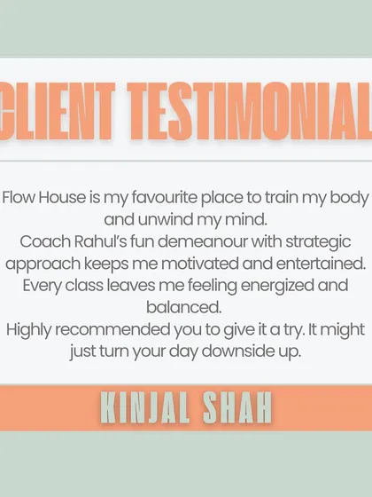 "Every class leaves me feeling energized and balanced." This text testimonial from Kinjal Shah highlights our strategic approach and fun demeanor that keeps clients motivated.