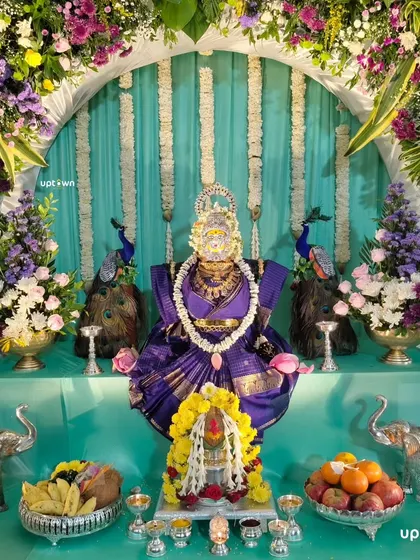 A beautiful shot of the goddess idol and offerings for the Varamahalakshmi pooja.