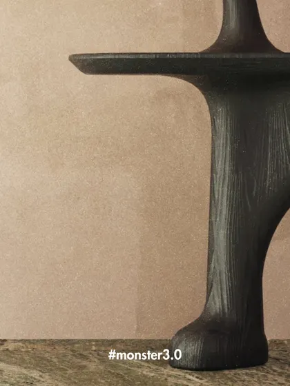 A close-up of a piece from the Monster 3.0 collection, showing the textured, hand-carved details. The design is meant to feel organic and powerful, like a functional piece of natural sculpture.