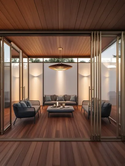 Another view of a modern glasshouse with rich wooden flooring and ceiling. The minimalist grey furniture complements the structure's clean aesthetic, creating a sophisticated retreat.