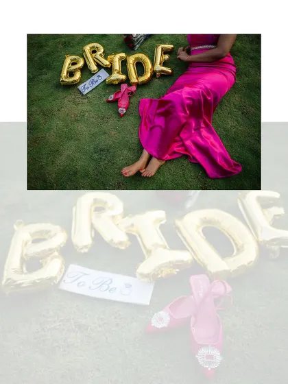 A creative flat-lay style shot featuring the bride's pink gown, her shoes, and "BRIDE" balloons.