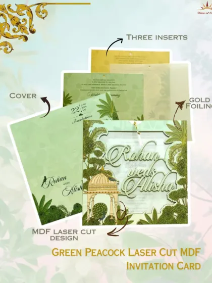 Our Green Peacock Laser Cut MDF Invitation Card features exquisite gold foiling and three elegant inserts. It's a perfect blend of tradition and modern craftsmanship.