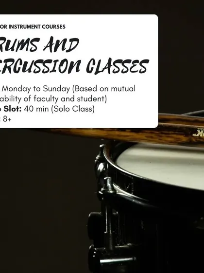 Our Drums and Percussion classes are available for solo learners aged 8 and above, with flexible scheduling throughout the week.
