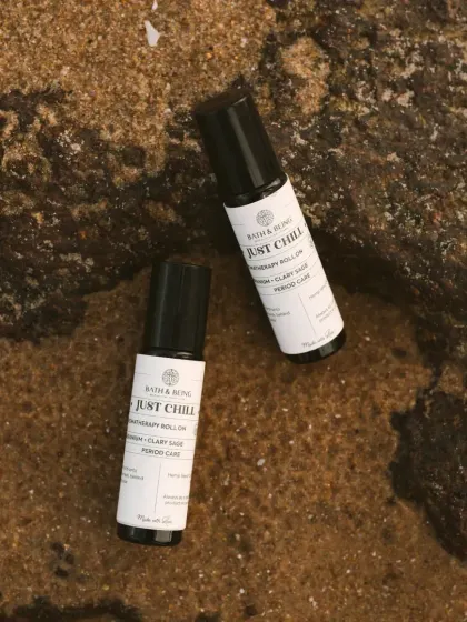 Meet Just Chill, our period comfort roll-on. This blend of Hemp, Lavender, Rose Geranium, and Clary Sage is designed to ease cramps and soothe your body and mind during your cycle.