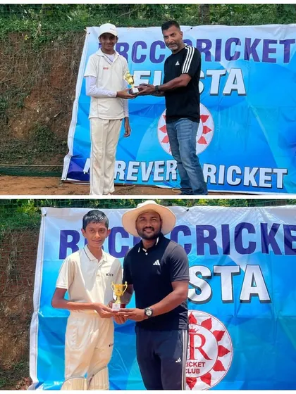 Saketh Hoskeri and Shaurya Vinod with their Man of the Match awards for excellent bowling and brilliant batting in the RRCC Cup U-14.