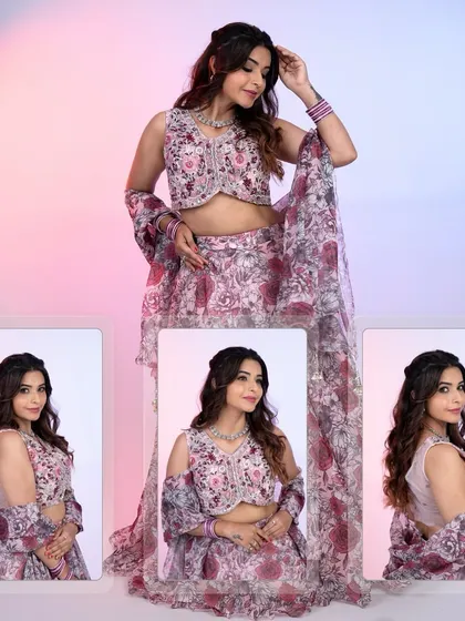 A collage of the floral print organza lehenga, showing its romantic and modern vibe from all angles.