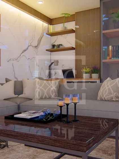 A detailed look at a living room concept for a Tagore Garden project. The design features a comfortable L-shaped sofa, a geometric wall accent, and clever shelving for a blend of comfort and modern style.