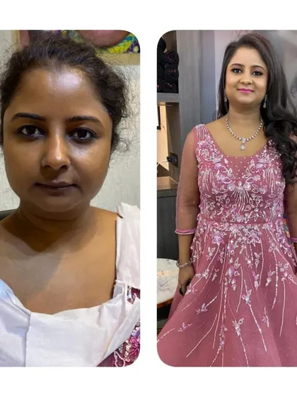 A side-by-side comparison that speaks for itself. On the left is the client before, and on the right is her stunning after look for a party, featuring soft glam makeup and voluminous hair.