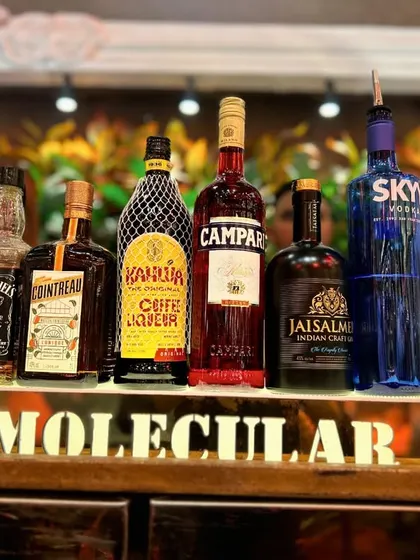 A lineup of premium spirits on our branded 'LUXURY MOLECULAR BAR' counter, ready for service.