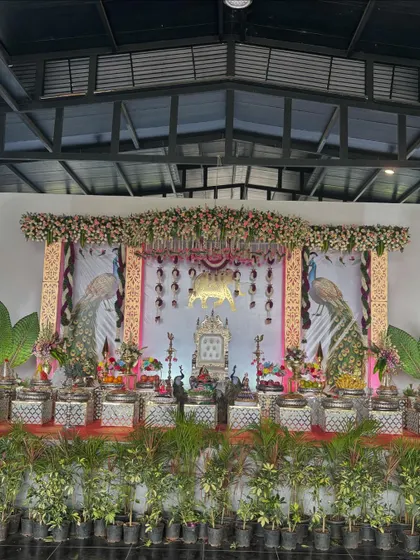 A peacock-themed stage with a golden throne and large peacock illustrations on the backdrop.