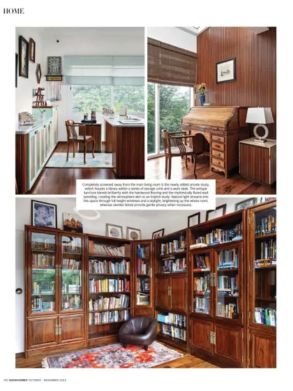 We designed several bespoke spaces in this home, including a paint studio, a private study, and a library with custom floor-to-ceiling wooden bookshelves.