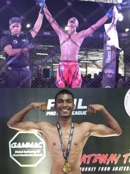 A collage celebrating our rising star. From the victory in the cage to posing with the gold medal, this captures the complete journey of a champion.
