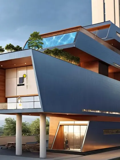 The same concept with a metal and wood facade and a rooftop pool.