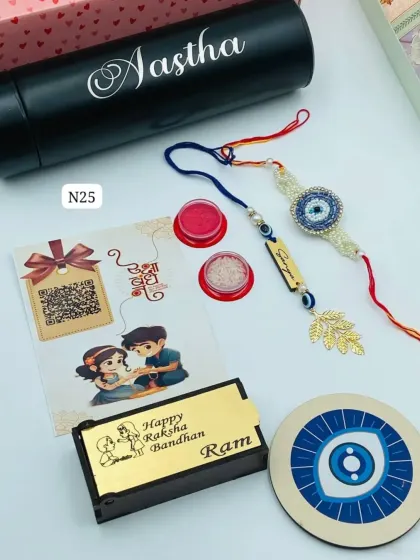 A closer look at the evil eye Rakhi hamper, showing the personalized QR code card that can link to a special message or song.