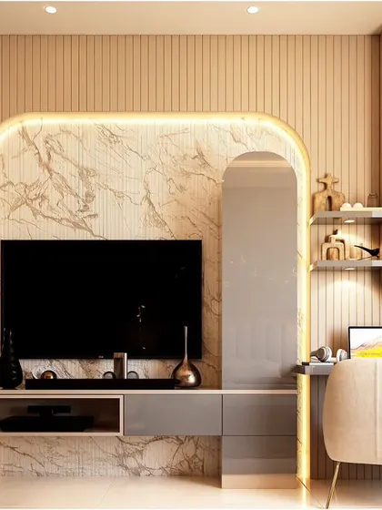 This versatile unit combines a TV display, a study desk, and a dressing area. The design features a marble-effect backdrop, fluted wood paneling, and curved shelving, showcasing our ability to create multi-functional furniture.