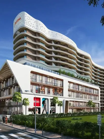 A render of the Tropicano mixed-use project, showing the fusion of a commercial podium with a curved residential tower above.