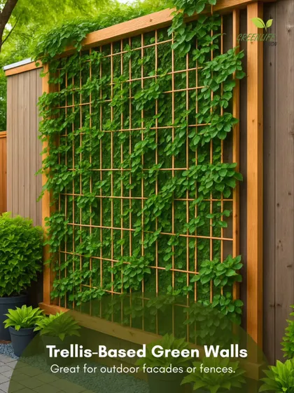 Trellis-based green walls are a great option for covering fences or facades. We use climbing plants on a wooden trellis to create a living screen that offers both beauty and privacy.