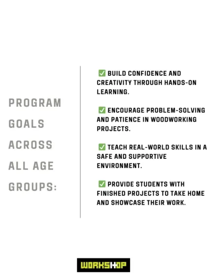 An overview of our program goals for all age groups. We focus on building confidence, creativity, and real-world skills in a safe and supportive environment.