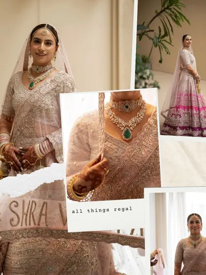 A collage showcasing the bride's regal look. From her stunning jewelry to the custom embroidery on her veil, every detail was planned to perfection.