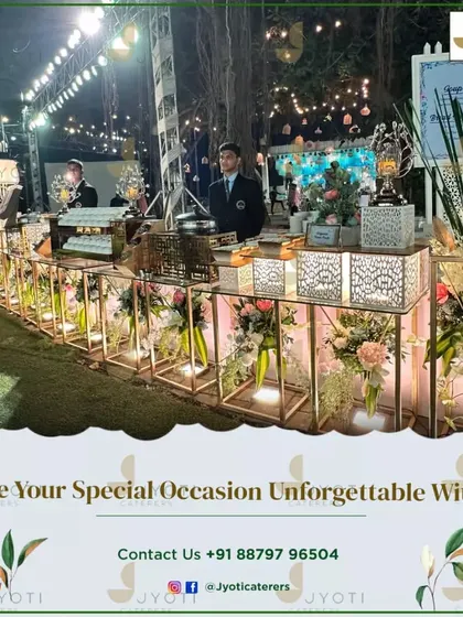 A long shot of an elegant buffet line with illuminated floral arrangements, designed to make your special occasion truly unforgettable.
