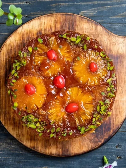 Our classic Pineapple Upside Down Cake, specially decorated for Mother's Day. The moist vanilla cake is topped with sweet, caramelized pineapple rings.