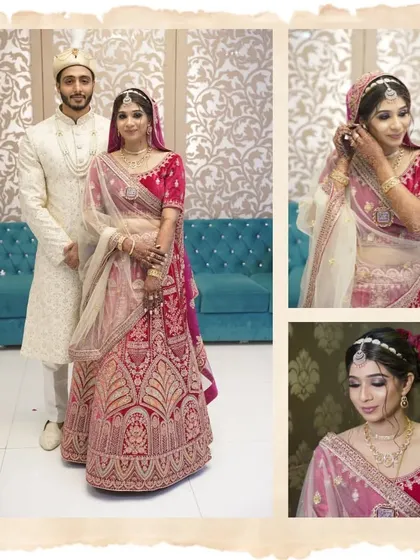 A collage of a Muslim wedding, featuring couple portraits and beautiful solo shots of the bride.