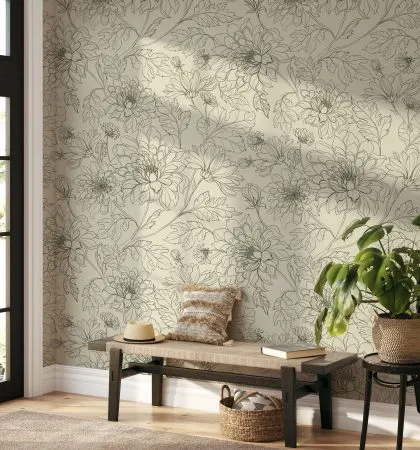 Our Chrysanthemums Floral Pattern wallpaper adds a touch of artistic flair to this entryway. The line art design is a modern take on classic floral patterns, creating a stylish welcome.