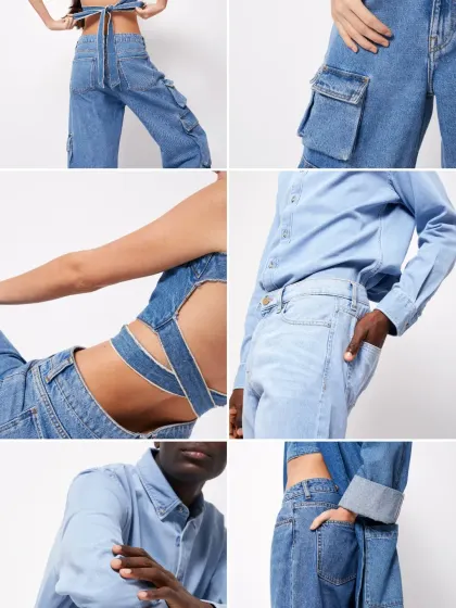 Restyling is all about giving old jeans a fresh new look. This collage shows various ways we can customize denim, from creating backless tops to adding cargo pockets and altering the silhouette.