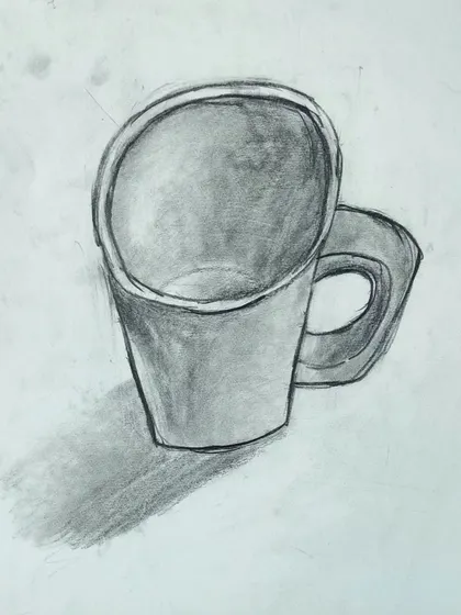 The final artwork of a mug sketch. We teach kids to see the shapes and shadows in everyday objects.