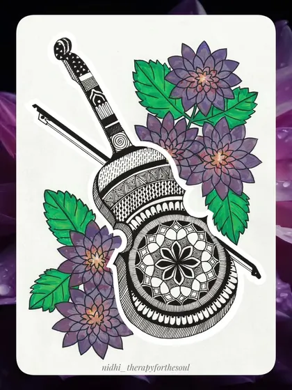 July: Dahlia & Violin. Deep purple dahlias provide a rich backdrop for the elegant curves of a violin.
