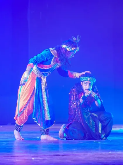 Krishna offering counsel to a conflicted Shakuni. Even in moments of confrontation, Krishna's character offers a path towards righteousness, a theme we explore deeply in the production.