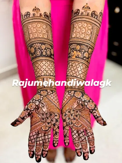 A beautiful design with elephants and palace architecture on the arms, and intricate floral and peacock patterns on the palms.