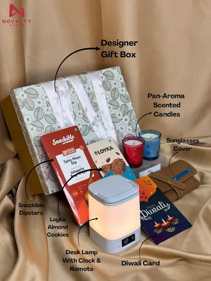 Another custom-designed hamper featuring a desk lamp with a clock, snacks, scented candles, and a sunglasses cover, all beautifully packaged with a Diwali card.