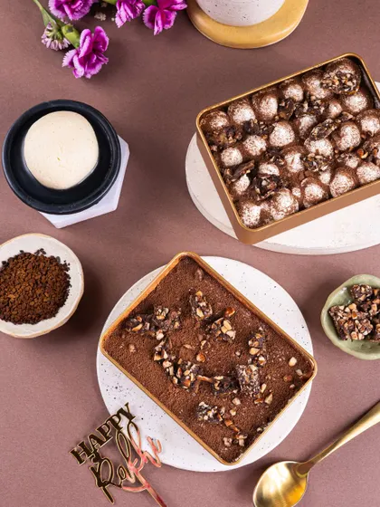A modern take on Indian mithai with this Rasgulla Tiramisu for Rakhi, shot from above to show the full spread.