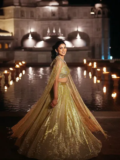 The bride looking radiant in her golden gown, a perfect choice for a glamorous cocktail night at the Blue Conservatory.