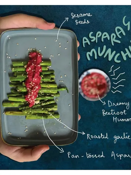 A simple yet elegant snack of pan-tossed garlic asparagus topped with my Dreamy Beetroot Hummus. This shows how my protein-packed dips can elevate even the simplest vegetables.