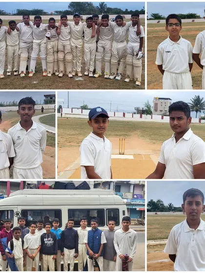 A collage from our U-16 tour of Arsikere, showing player portraits, the team vehicle, and group photos.