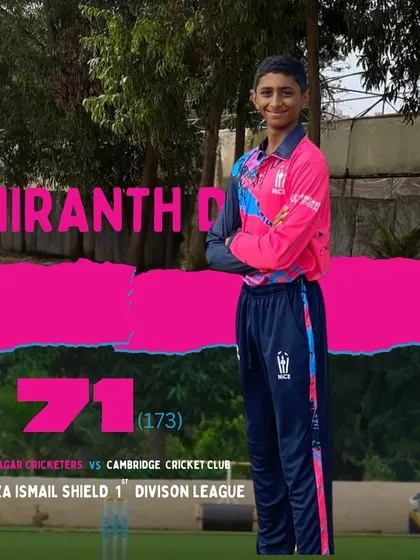 Chiranth D, our "Lil Chiru", standing tall. This graphic celebrates his brilliant knock of 71 in the First Division league against a formidable bowling attack.