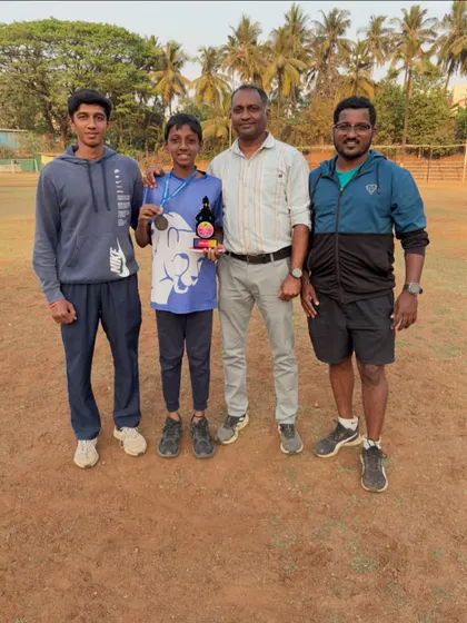 One of our promising Under-12 sprinters with his coaches after winning a bronze medal at the State Level Meet.