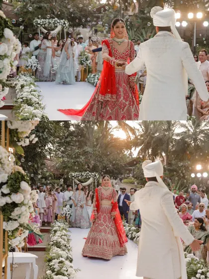 A collage showing the bride's emotional walk down the aisle towards the groom.