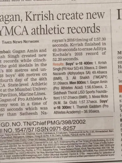 A clipping from the Times of India, "Gagan, Krrish create new YMCA athletic records," mentioning Gagan's record-breaking 800m run.